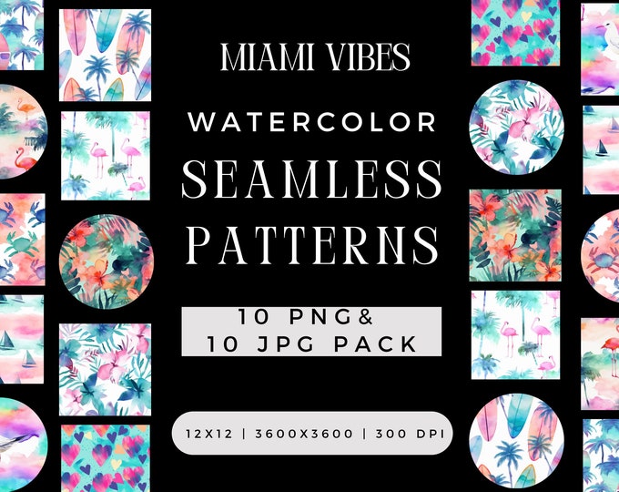 Digital Watercolor Miami Vibes Seamless Pattern PNG Bundle, Summer Surfboard Flamingo Craft Sublimation JPG File, Repeating Pack Commercial