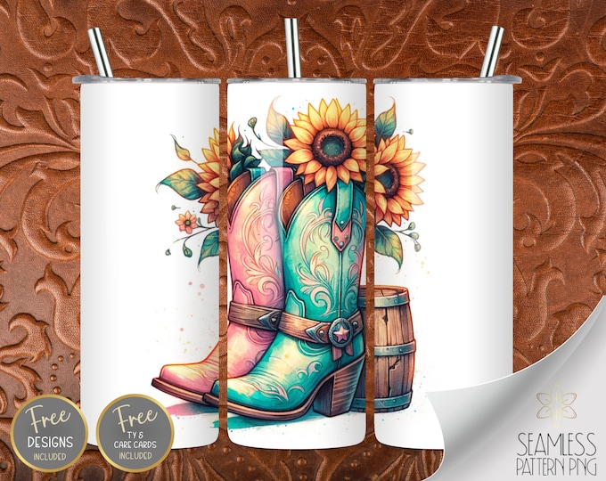 Cowboy Boot PNG Tumbler Wrap, Western Sunflower Seamless Design, Instant Download, 20 Oz Skinny Sublimation Tumbler Design, Teal Watercolor