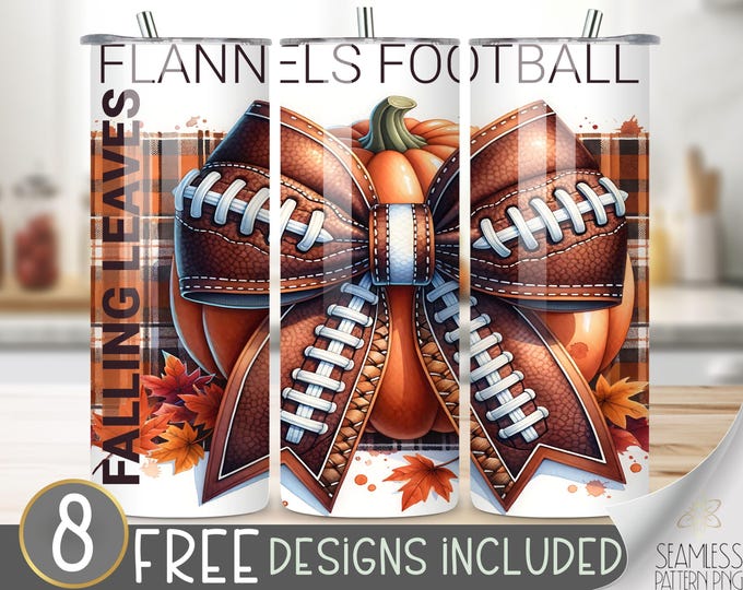 Rustic Country Fall Tumbler Wrap, Autumn Leaves Pumpkins 20oz Tumbler Sublimation Design, Thanksgiving Football Coquette Bow Tumbler Design