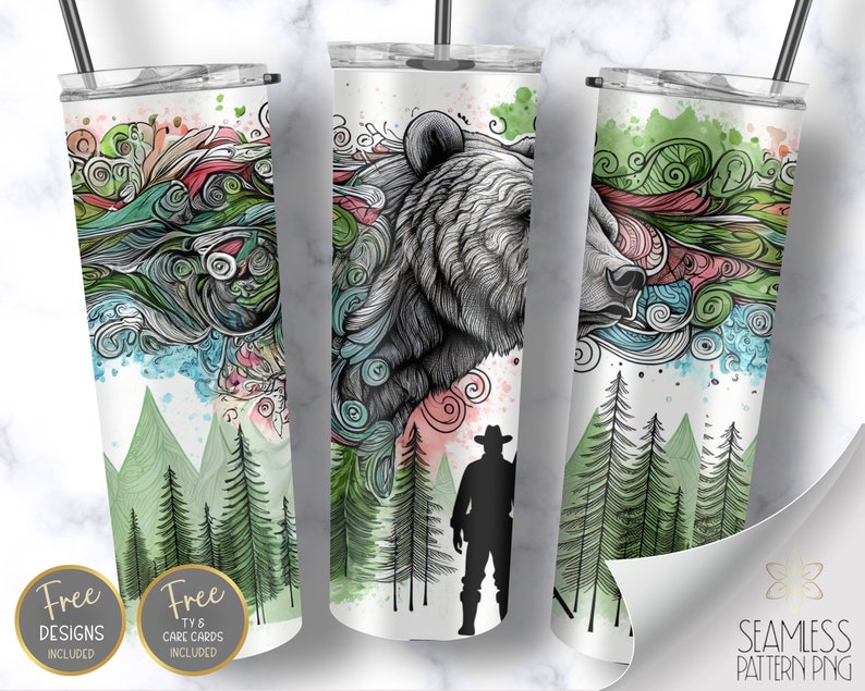 Grizzly Bear Zentangle PNG Tumbler Wrap, 20 Oz Skinny Sublimation ...