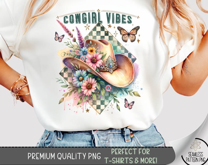 Cowgirl Vibes Western T-Shirt PNG, Boho Cowgirl Hat with Flowers and Butterflies, Country Western Graphic Tee for Women, A366