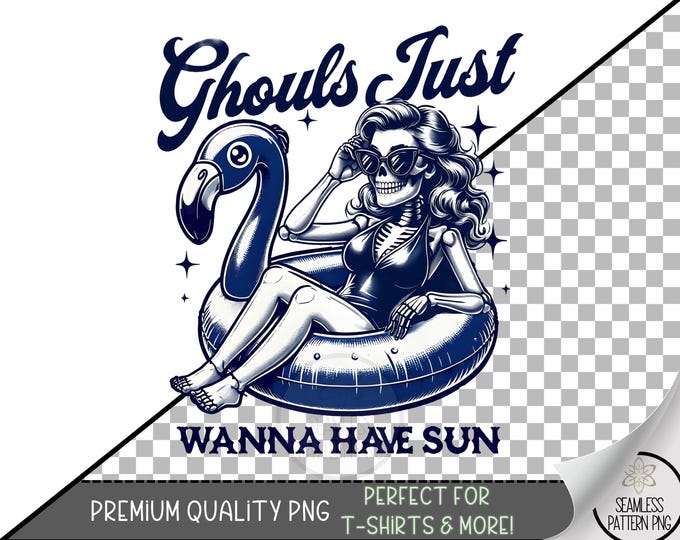 Ghouls Just Wanna Have Sun Printable Wrap, Fun Halloween Beach PNG, Quirky Summer Ghoul Design, Spooky Innertube Illustration, A426