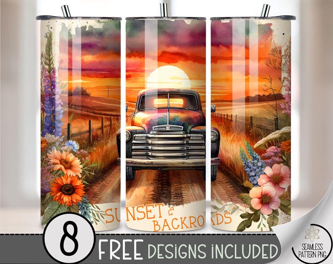Sunset Truck 20 oz Tumbler Wrap PNG, Digital Download, Vintage Country Road Sublimation Design, A630
