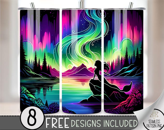 Northern Lights Tumbler Wrap, Mermaid Sublimation Design PNG, Seamless Aurora Borealis 20Oz Skinny Tumbler File, Ocean Tumbler Wrap File