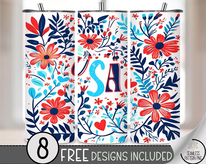 USA Boho Floral 20oz Skinny Tumbler Wrap PNG, Red White Blue Patriotic Tumbler Sublimation, 4th of July Skinny Wrap Design, A254
