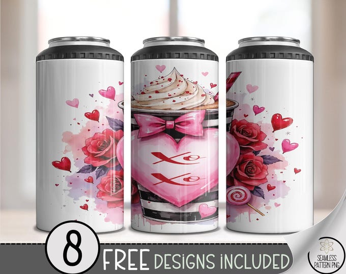 Xoxo Hearts Valentine's Day 4-in1 Can Cooler Wrap, Cute Romantic Sublimation Design For Her, Festive 16 Oz 4-In-1 File, B734