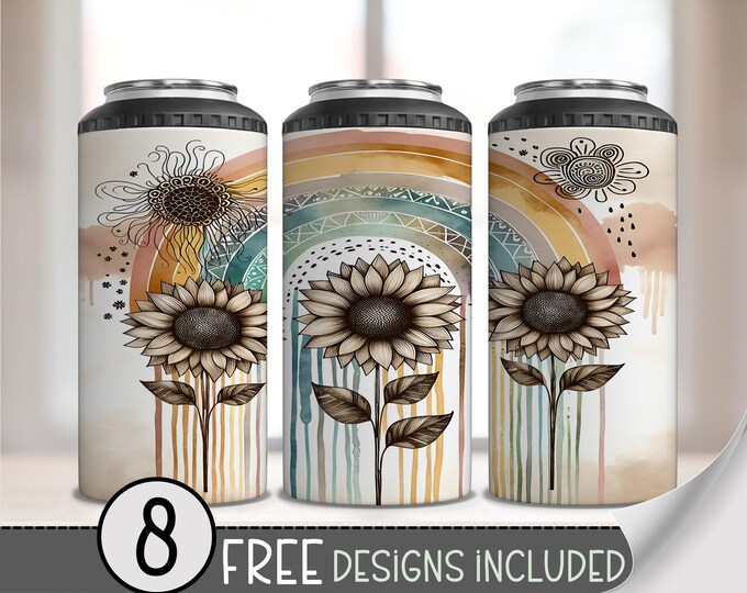 Sunflower Boho 4 in 1 Can Cooler Wrap, Grunge Rainbow 4in1 Tumbler PNG, Floral Rainbow 16 Oz Can Cooler Sublimation Design, Goth Flower A212