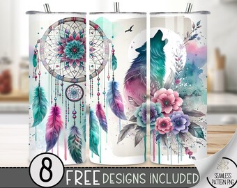 Floral Wolf Tumbler Wrap, Dreamcatcher Tumbler Wrap Mystical 20 oz Skinny Sublimation Watercolor Sublimation Boho Moon Dream Tumbler Wrap