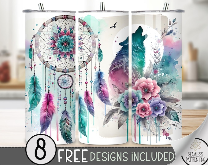 Floral Wolf Tumbler Wrap, Dreamcatcher Tumbler Wrap Mystical 20 oz Skinny Sublimation Watercolor Sublimation Boho Moon Dream Tumbler Wrap