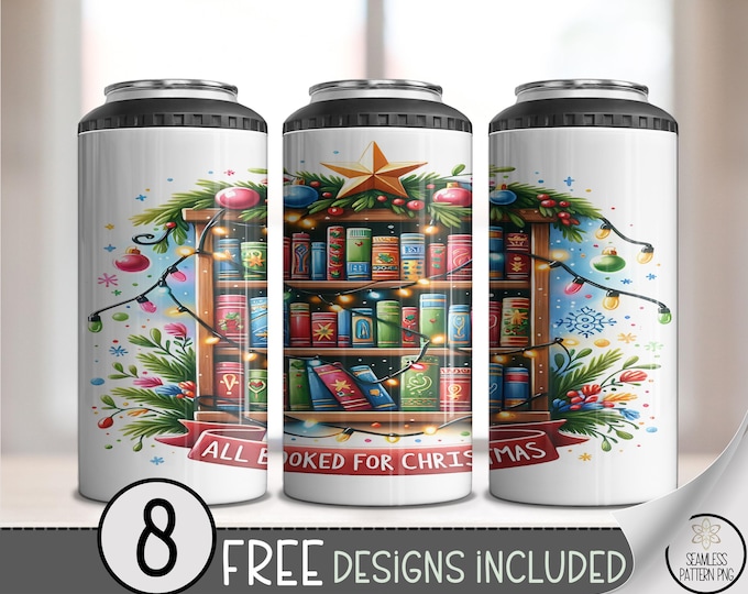 All Booked For Christmas 4in1 Can Cooler Wrap, Book Lover's Sublimation Design, Instant Download A635