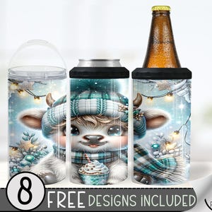 Seamless  Highland Cow Can Cooler Wrap, Winter 16 oz 4-in-1 Cooler Sublimation, Christmas 16Oz Tumbler File, Pastel Holiday Design File PNG