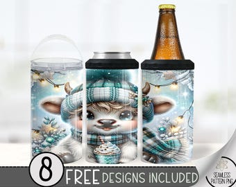 Seamless  Highland Cow Can Cooler Wrap, Winter 16 oz 4-in-1 Cooler Sublimation, Christmas 16Oz Tumbler File, Pastel Holiday Design File PNG