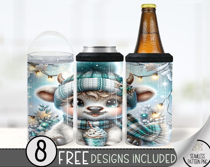 Seamless  Highland Cow Can Cooler Wrap, Winter 16 oz 4-in-1 Cooler Sublimation, Christmas 16Oz Tumbler File, Pastel Holiday Design File PNG