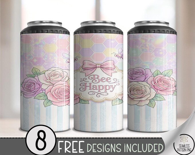 Bee Happy 4in1 Can Cooler Wrap, Hand-Lettered Phrase Sublimation Design, Pastel Spring 16 oz 4-in-1 File, Cute Inspirational Design, B10139