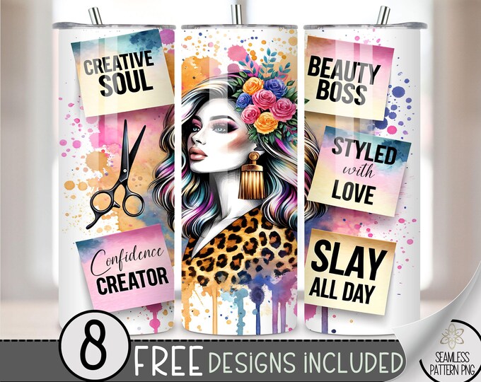 Hairdresser Seamless 20oz Tumbler Wrap, Hairstylist 20oz Skinny Tumbler Sublimation Design,Hair Boss Affirmations,Salon Beautician PNG A197