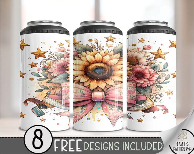 Pink Coquette Sunflowers 4 in 1 Can Cooler Wrap, Grandmillenial 4in1 Tumbler PNG,  Pink Bow Glitter 16 Oz Can Cooler Sublimation Design