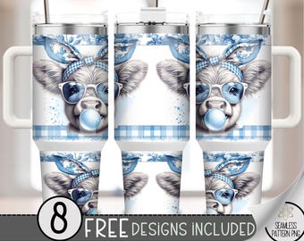 Retro Vintage Glasses Highland Cow 40oz Tumbler Wrap, Toile Floral Tumbler Sublimation Design, Cute Funny 40oz Quencher Tumbler Wrap, A117