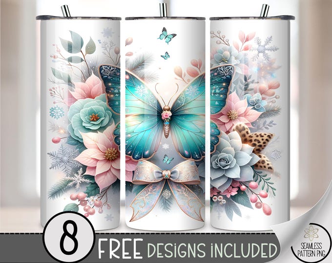 Teal Butterfly 20 oz Tumbler Wrap PNG, Digital Download, Sublimation Design, Floral Bow Coquette, A751