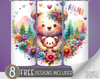 Whimsical Mama Bear Tumbler Wrap, Mama Bear Tumbler Design, Mom Tumbler Wrap PNG, Bear 20 oz Skinny Tumbler Design, Mom Instant Download