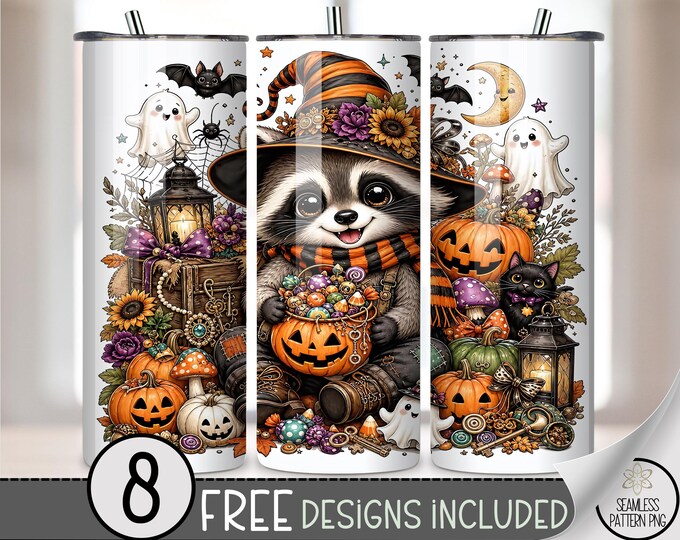 Halloween 20 oz Tumbler Wrap, Festive Sublimation Design for Straight Tumblers, Cute Raccoon Witch PNG Files, Digital Download, B10413