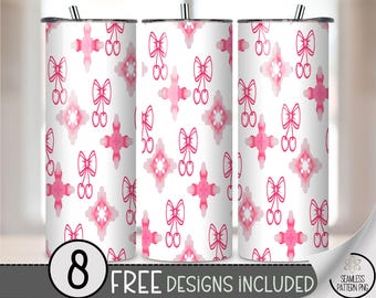 Pink Cherry Bow Tumbler Wrap PNG, 20 oz Skinny Watercolor Pattern,Cute Kawaii Sublimation File for 20oz Tumbler, Girly Cherry Coquette, A276