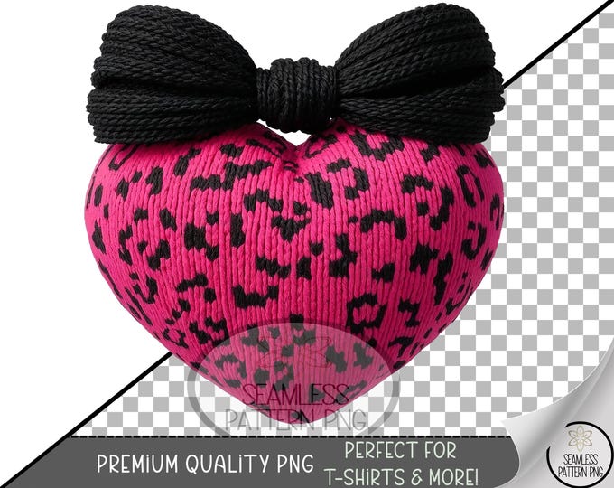 Faux Knitted Heart Sublimation Design, Leopard Faux Yarn UV DTF Graphic, Heart Clip Art, Coquette Bow Downloadable PNG, A826