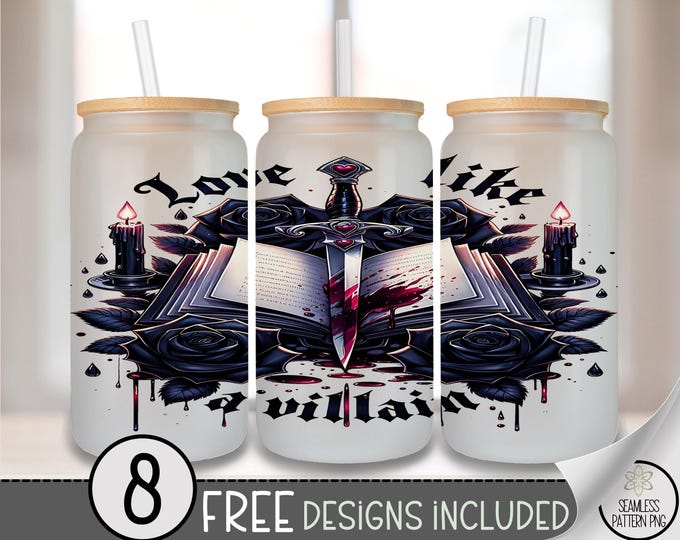 Rose And Dagger PNG, Dark Gothic Glass Can Wrap Design, Sublimation, Ink Blood Dagger, B868