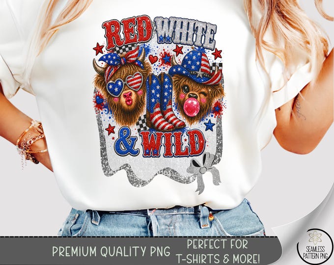 Fourth of July T-shirt PNG, Highland Cows Sublimation Design, Retro Americana DTF Shirt Graphic, Digital Download, B10270
