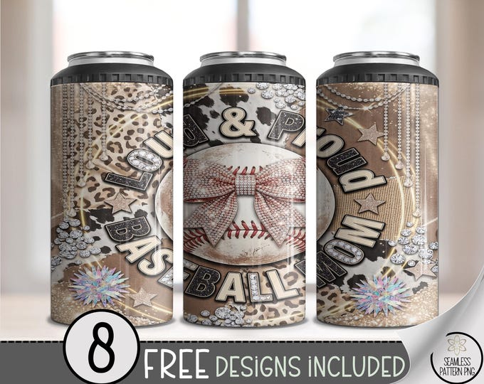 Baseball Mom 4in1 Can Cooler Wrap, Baseball Coquette Bow Sublimation Design, Loud & Proud Mom 16 oz 4-in-1 Png File, B10133