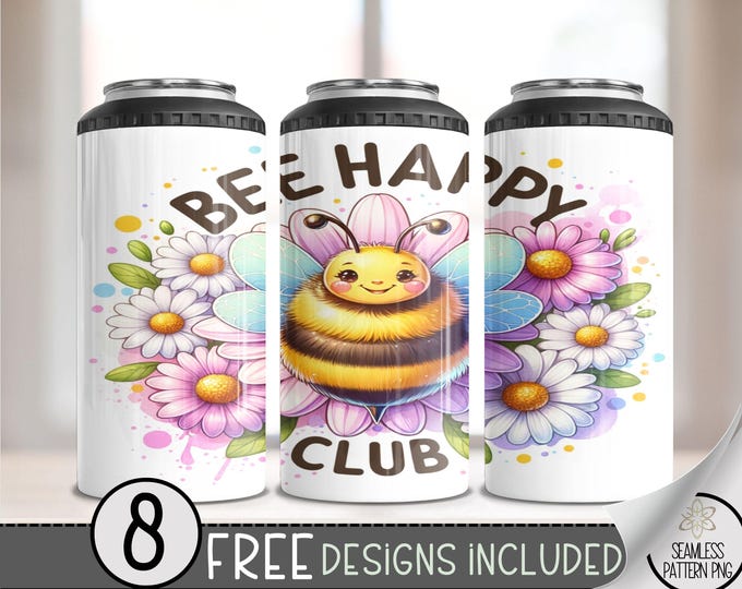 Be Happy Club 4in1 Can Cooler Wrap, Bee and Floral Design, 16oz Floral 4-in-1 Can Cooler Wrap, Digital Download, A457