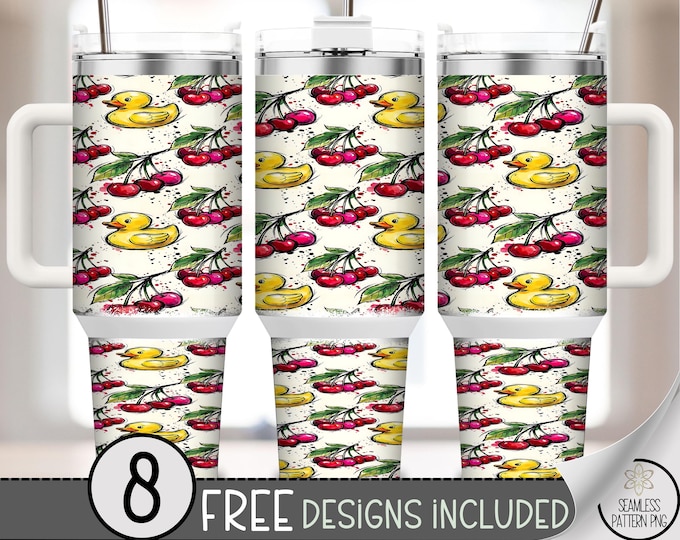 Cherry Duck PNG, Seamless Duck And Cherry 40 Oz Tumbler Wrap, Playful Summer Pattern, Digital Download, B941