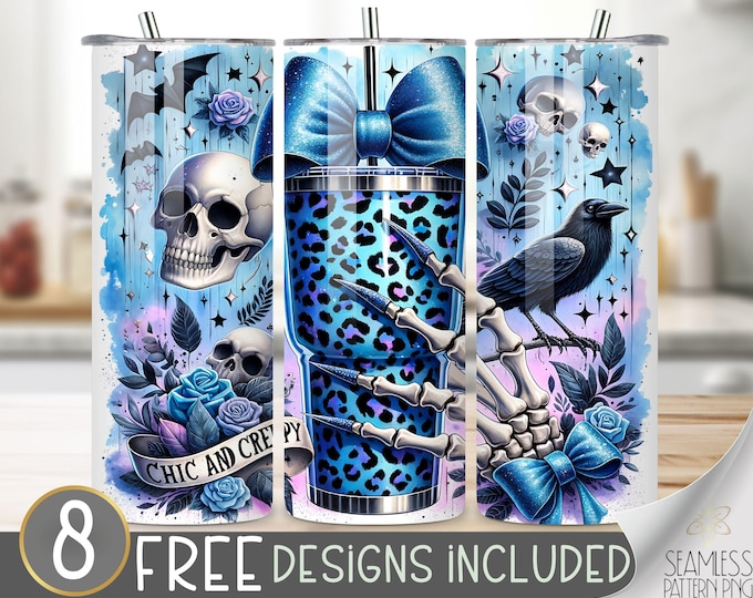 Skeleton Boo-gee Tumbler Wrap, Blue Goth Coquette Bow PNG, Halloween Skull Design, Halloween Coquette Bow, Halloween Bougie Mom Sublimation