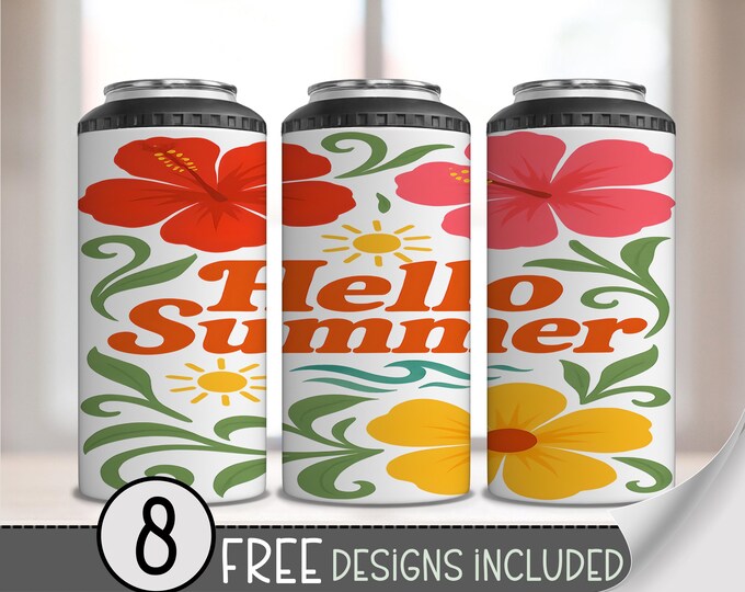 Hello Summer 4-in-1 Can Cooler PNG, Tropical Floral Sublimation Wrap Design, Retro Bold Summer Drink Wrap with Happy Sun and Flowers A246