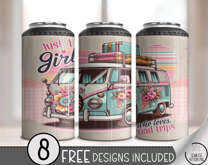 Just A Girl Who Loves Road Trips Tumbler Wrap 4-in-1, Retro Van Floral PNG, Pastel Travel Sublimation Design,Adventure Can Cooler Wrap, A376