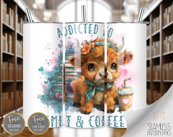Cute Highland Cow PNG 20 oz Straight Tumbler Wrap Sublimation, Coffee & Smut Skinny Tumbler Design Files, Cow Digital Image Instant Download