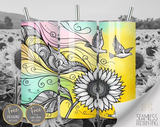Zentangle PNG Tumbler Wrap, 20 Oz Skinny Sublimation Tumbler Design, Watercolor Sunflower Seamed Design, Instant Download