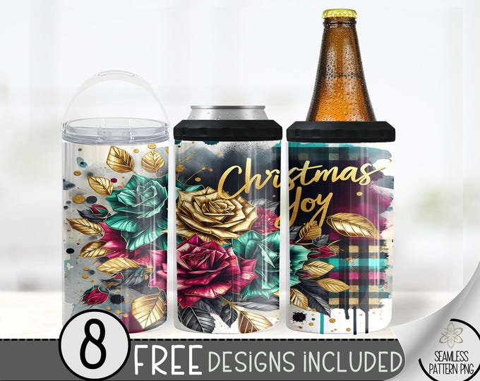 Christmas 4in1/Slim/Thick Can Cooler Sublimation PNG, Xmas 16 oz 4-in-1 Cooler Sublimation,Holiday 16Oz Tumbler File,Festive Can Cooler Wrap