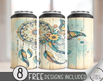 Boho Dreamcatcher Butterfly Floral 4in1 Can Cooler Wrap, Floral 4 in 1 Tumbler PNG,Seamless Ethereal 16 Oz Can Cooler Sublimation Design A25