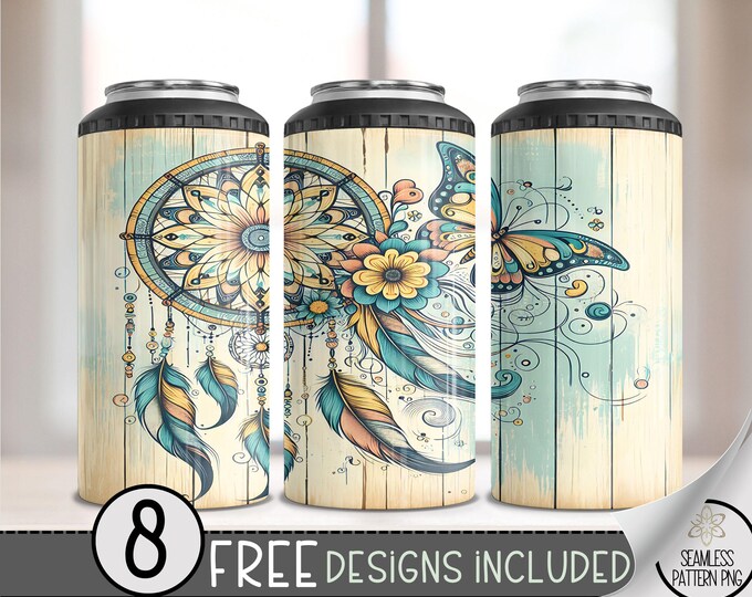 Boho Dreamcatcher Butterfly Floral 4in1 Can Cooler Wrap, Floral 4 in 1 Tumbler PNG,Seamless Ethereal 16 Oz Can Cooler Sublimation Design A25