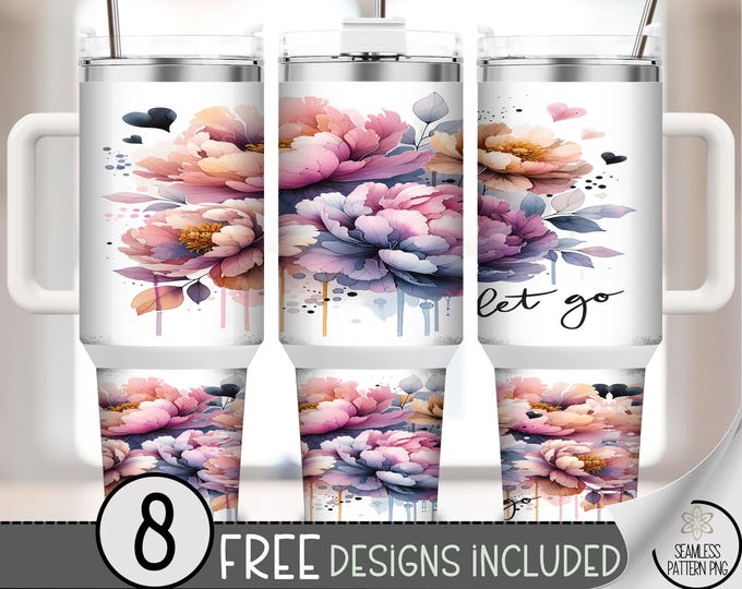 Let Go Floral 40oz Tumbler Wrap, Pastel Peony Sublimation Design, Boho Floral 40 oz Large Tumbler Wrap PNG, Watercolor Flower PNG File, A293