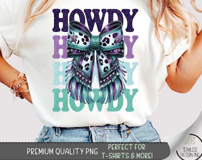 Howdy Bow T-Shirt PNG, Glitter Cowgirl Shirt Design with Western Fringe Bow, Leopard Print Country Girl Sublimation File for Shirts, A247