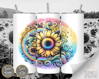 Sunflower Tumbler, Sunflower Sublimation Files, Rainbow Swirl Tumbler, Floral Wrap, Watercolor 20oz Straight Tumbler Wrap, Instant Download