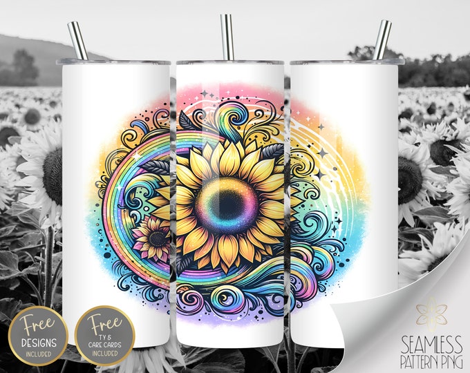Sunflower Tumbler, Sunflower Sublimation Files, Rainbow Swirl Tumbler, Floral Wrap, Watercolor 20oz Straight Tumbler Wrap, Instant Download