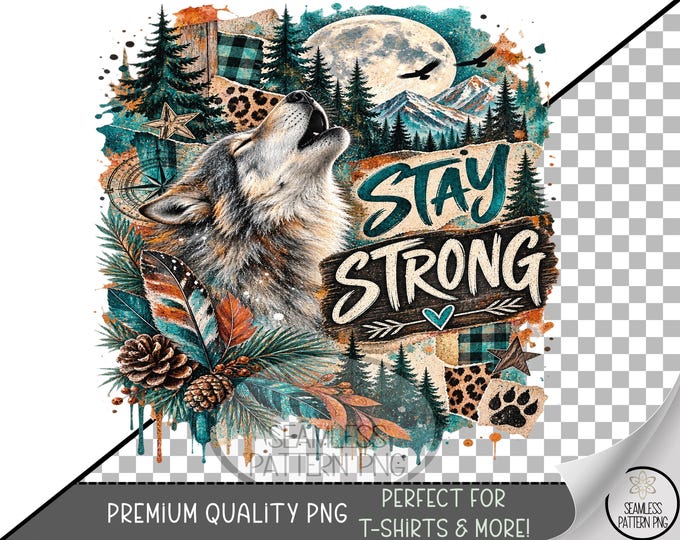 Wolf Sublimation Design, Stay Strong UV DTF Graphic, Rustic Mountain Clip Art, Digital Download, B10510