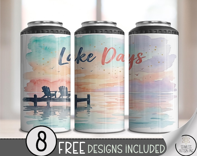 Lake Days 4in1 Can Cooler Wrap, Watercolor Sublimation Design, Preppy Summer Design, Girly Spring Vibes16 oz 4-in-1 File B10077