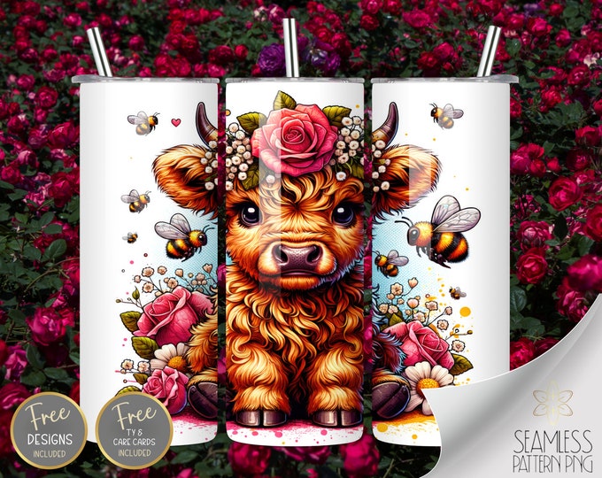 Cute Highland Cow 20 oz Straight Tumbler Wrap Sublimation, Rose & Baby's Breathe Skinny Tumbler Design Files, Bees Daisy Instant Download
