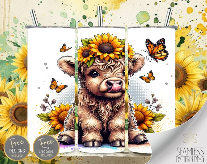 Sunflower Highland Cow PNG 20 oz Straight Tumbler Wrap Sublimation,  Licking Nose Skinny Tumbler Design Files, Butterfly Instant Download