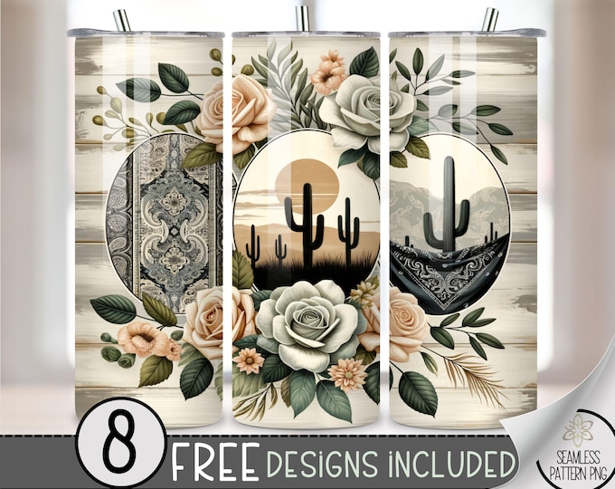 Country Western Tumbler Wrap, Boho Western 20oz Skinny Tumbler Sublimation Design, Floral Country Girl Tumbler Wrap File PNG,Cactus PNG, A16