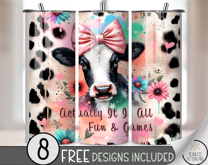 Cow Portrait 20 oz Tumbler Wrap, Playful Sublimation Design for Straight Tumblers, Cute PNG Files Floral Accents Farmhouse Chic, B994