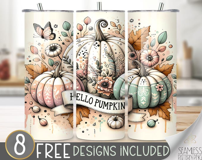 Hello Pumpkin Tumbler Wrap, Fall Thanksgiving Skinny Tumbler Wrap, Autumn Floral 20oz Tumbler Wrap Design, 3 Toile Pumpkin Boho Tumbler Wrap